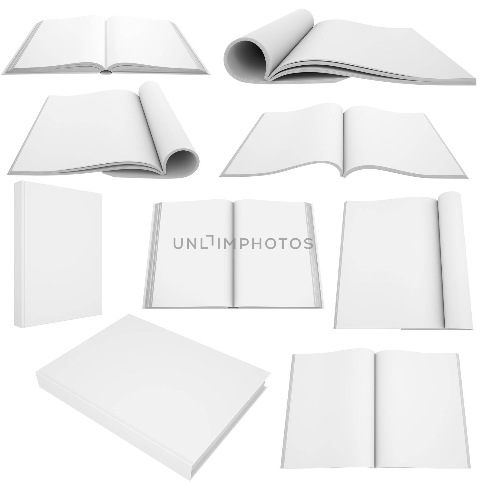Collection of white books and magazines. Isolated on white background