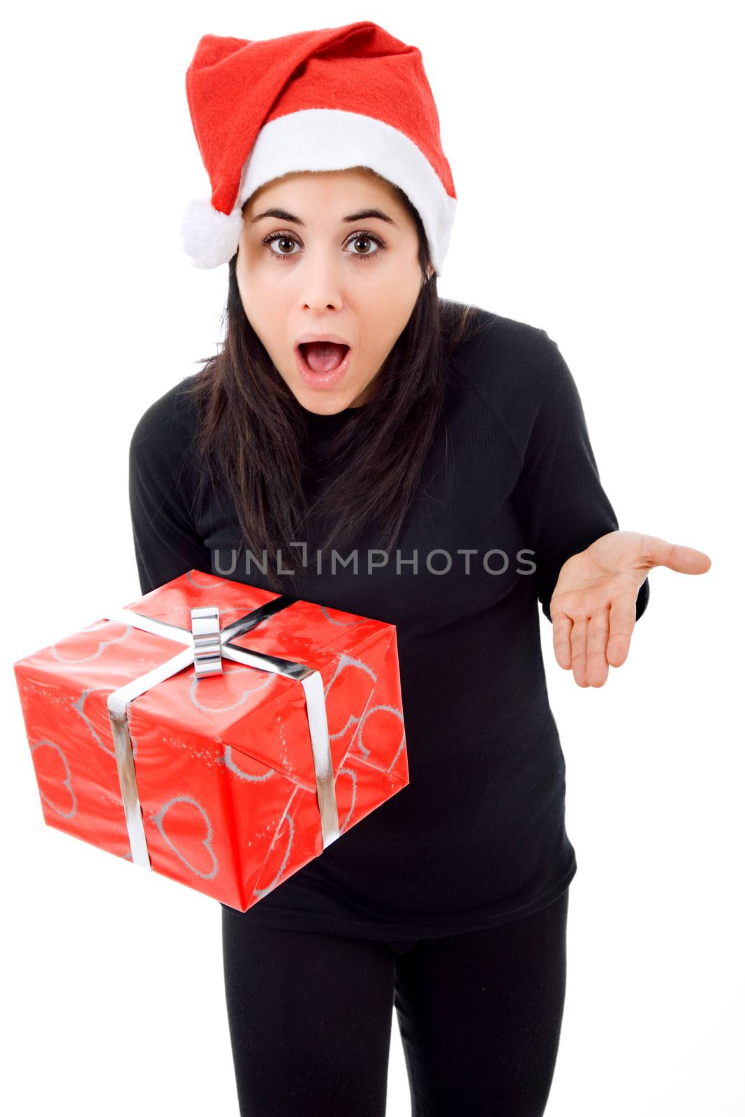 beautiful young girl holding a christmas gift, isolated