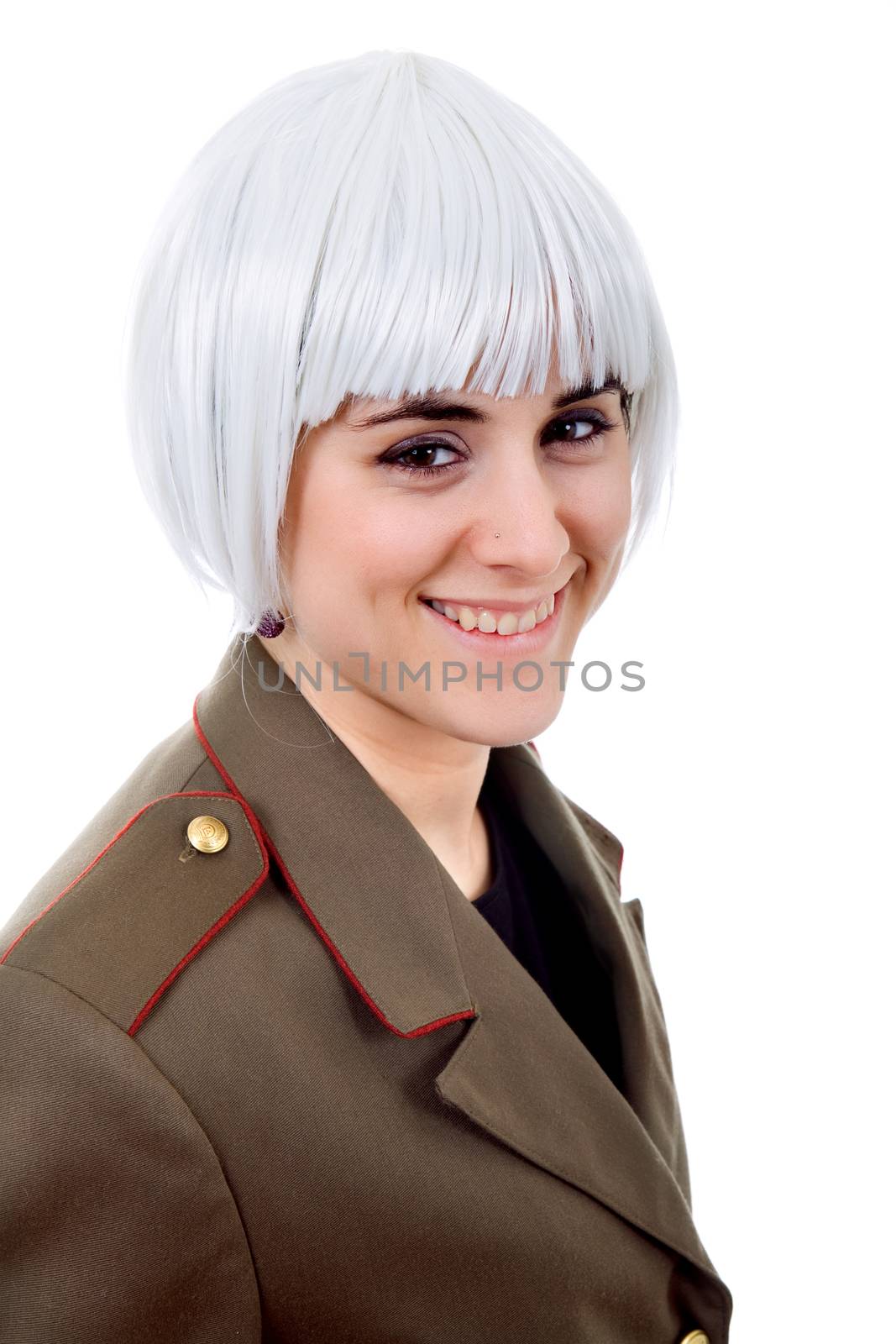 woman with a russian army coat and a white wig, isolated