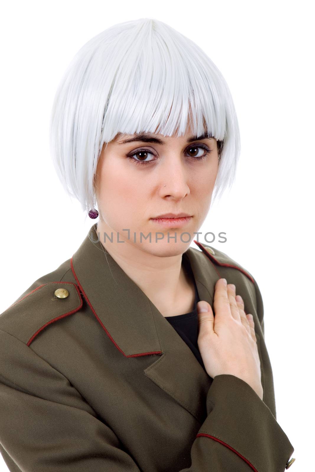 woman with a russian army coat and a white wig, isolated