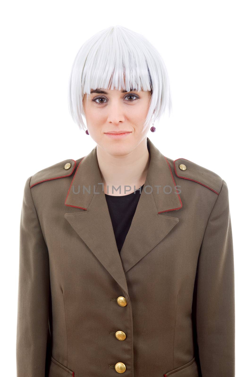 woman with a russian army coat and a white wig, isolated