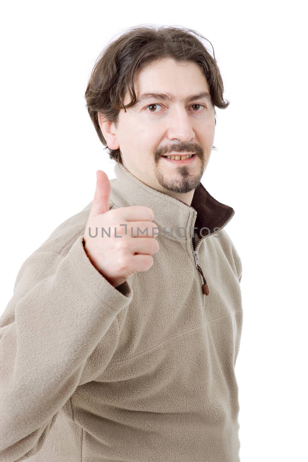 young casual man going thumb up, isolated on white