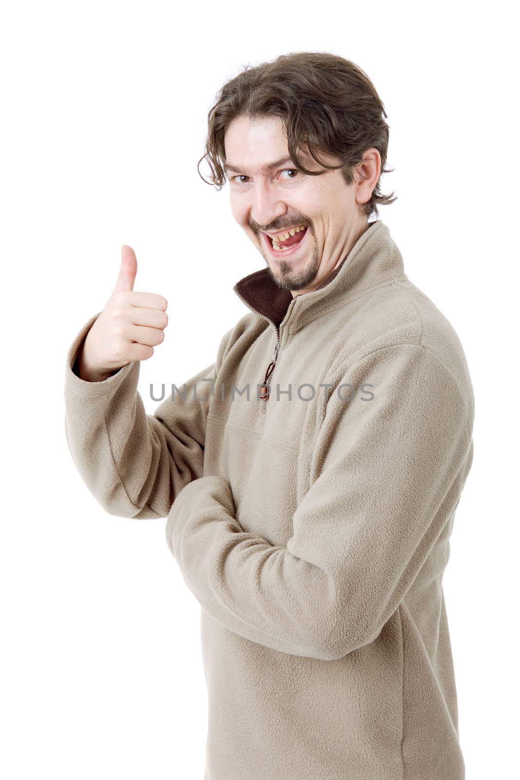 young casual man going thumb up, isolated on white