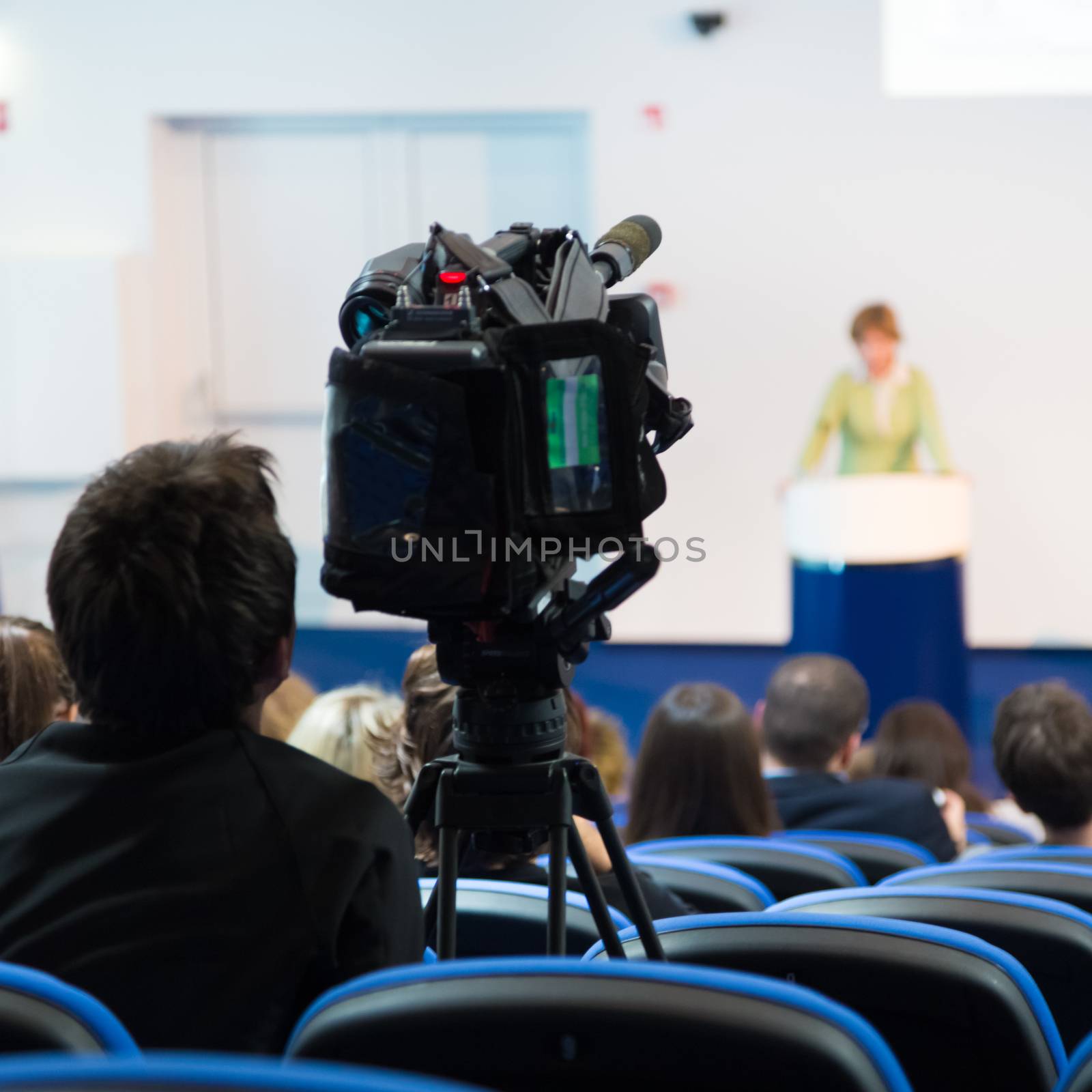 Business Conference and Presentation. Audience at the conference hall. Television broadcasted press conference.