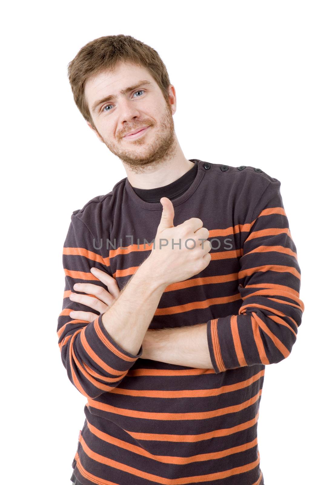 young casual man going thumb up, isolated on white