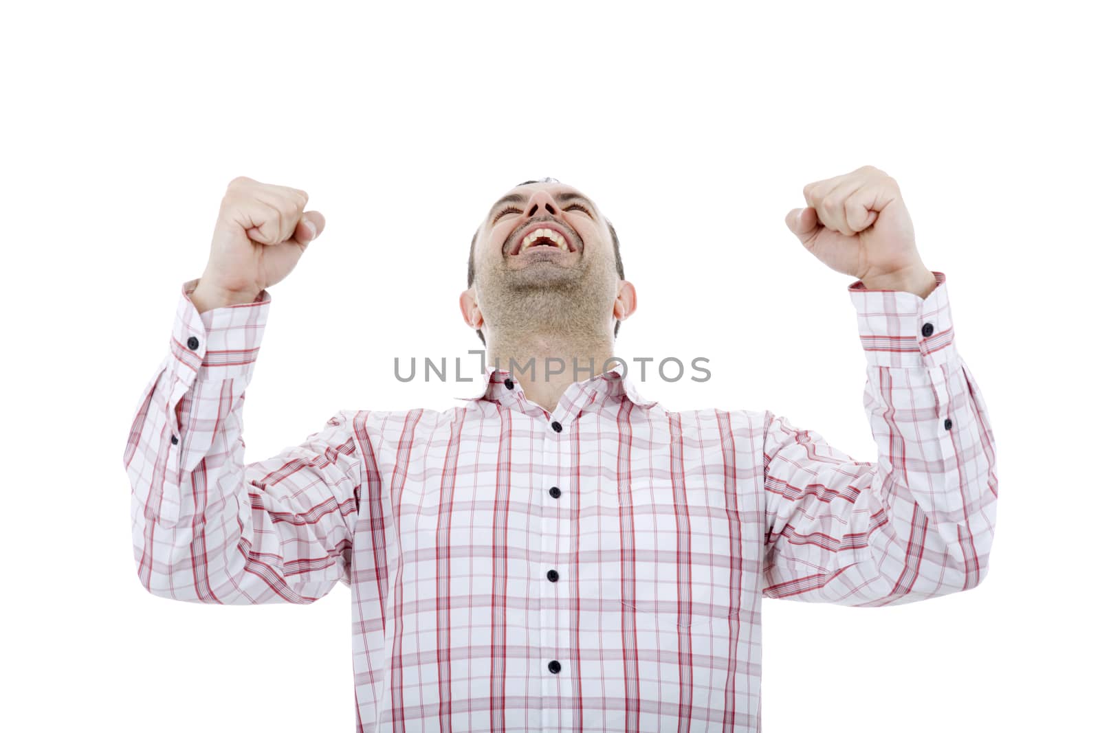 happy young man winning, isolated on white