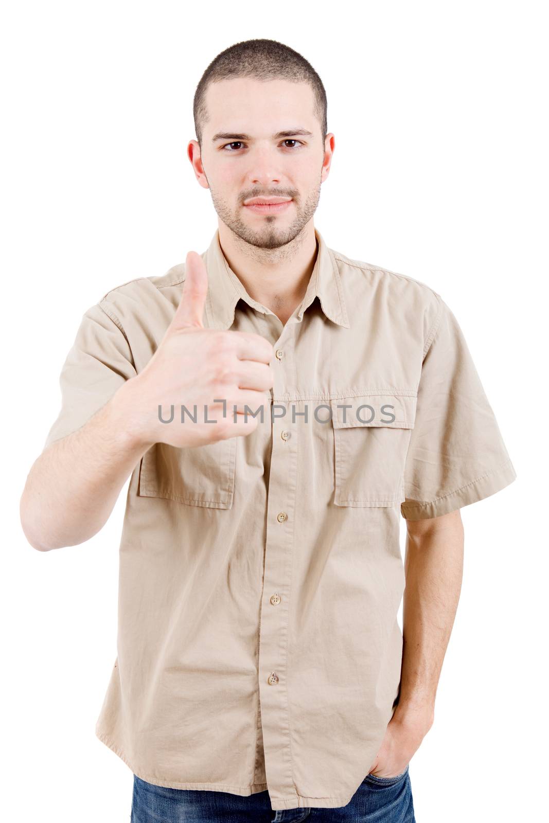 young casual man going thumb up, isolated on white