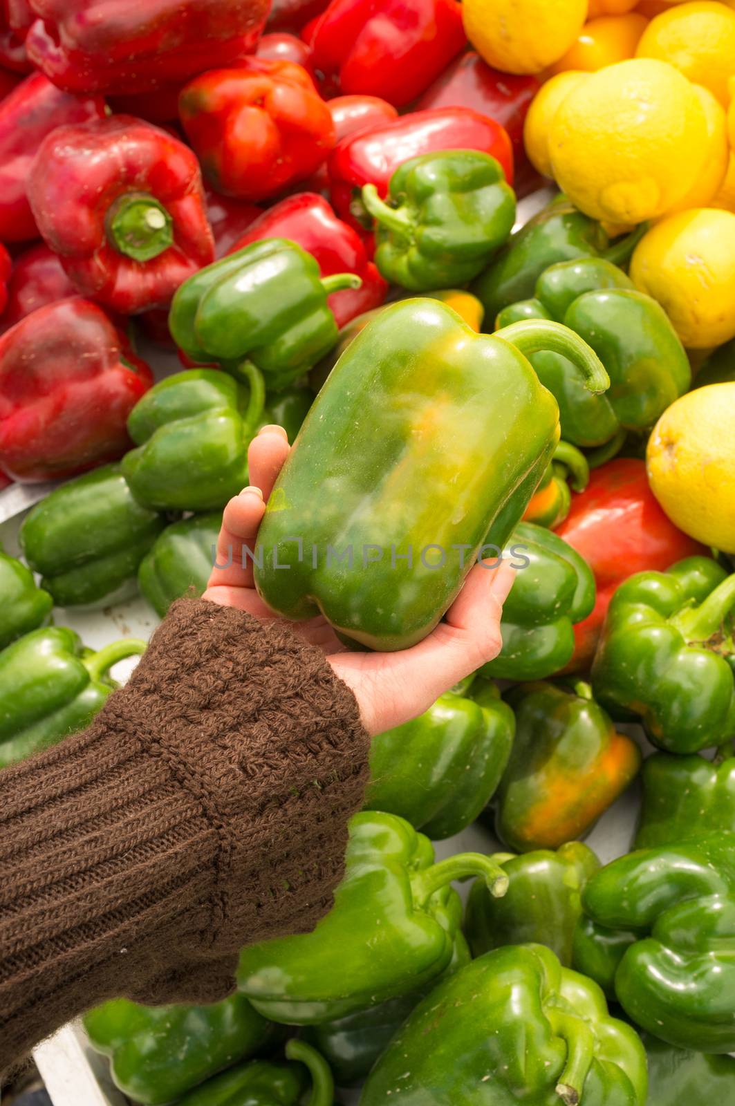 Female hands choosing fresh peppers on a market stall