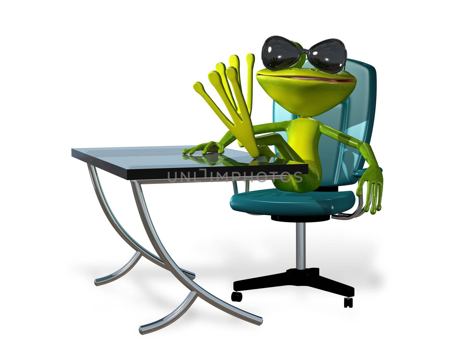 illustration a merry green frog at the table