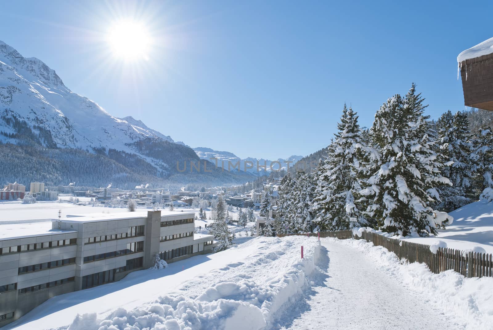 Winter landscape in St. Moritz (German: Sankt Moritz; Italian: San Maurizio), a resort town in the Engadine valley in Switzerland