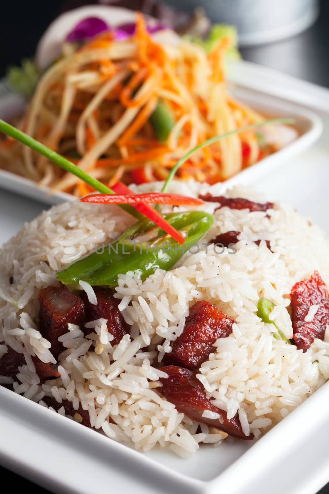 Thai Pork and Rice with Som Tum Salad by graficallyminded