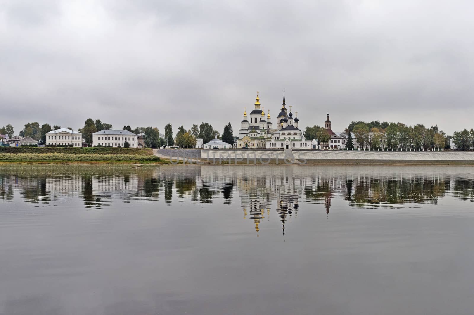 View of Sobornoe Dvorische in  Veliky Ustyug across Sukhona river, North Russia