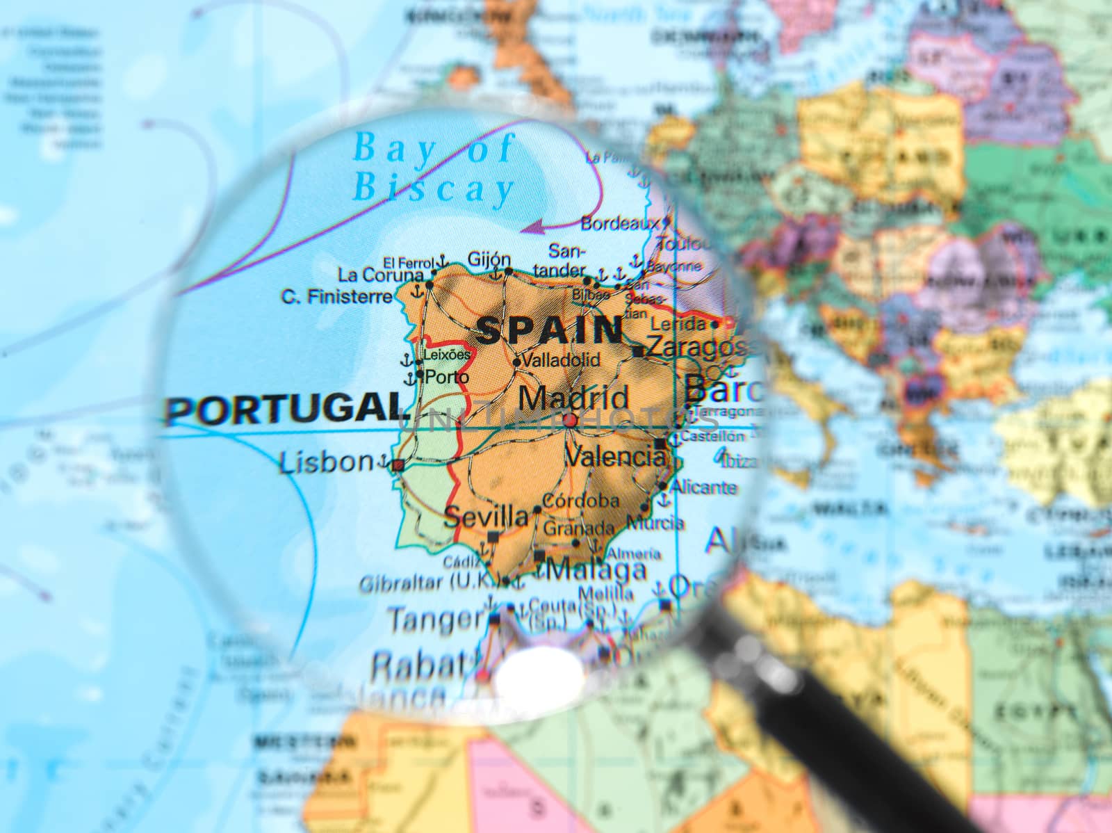 Spain map viewed through magnifying glass. Other Magnifying Glass Photo