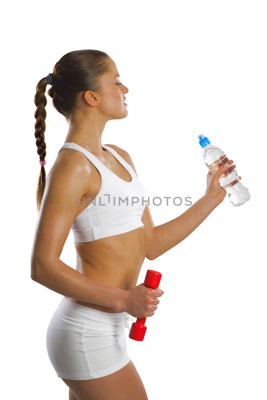image of a young attractive sporty woman with red dumbbells and water bottle