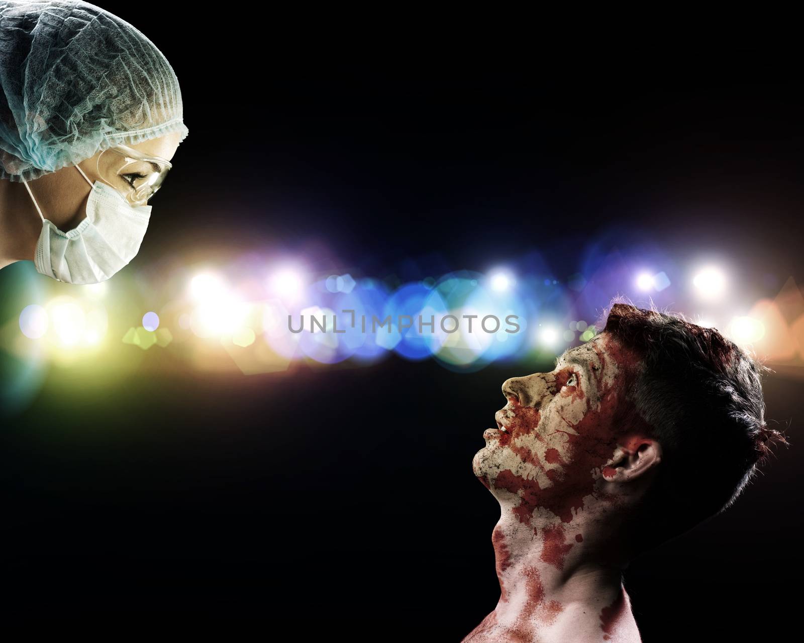 image of a wounded man and the doctor, first aid