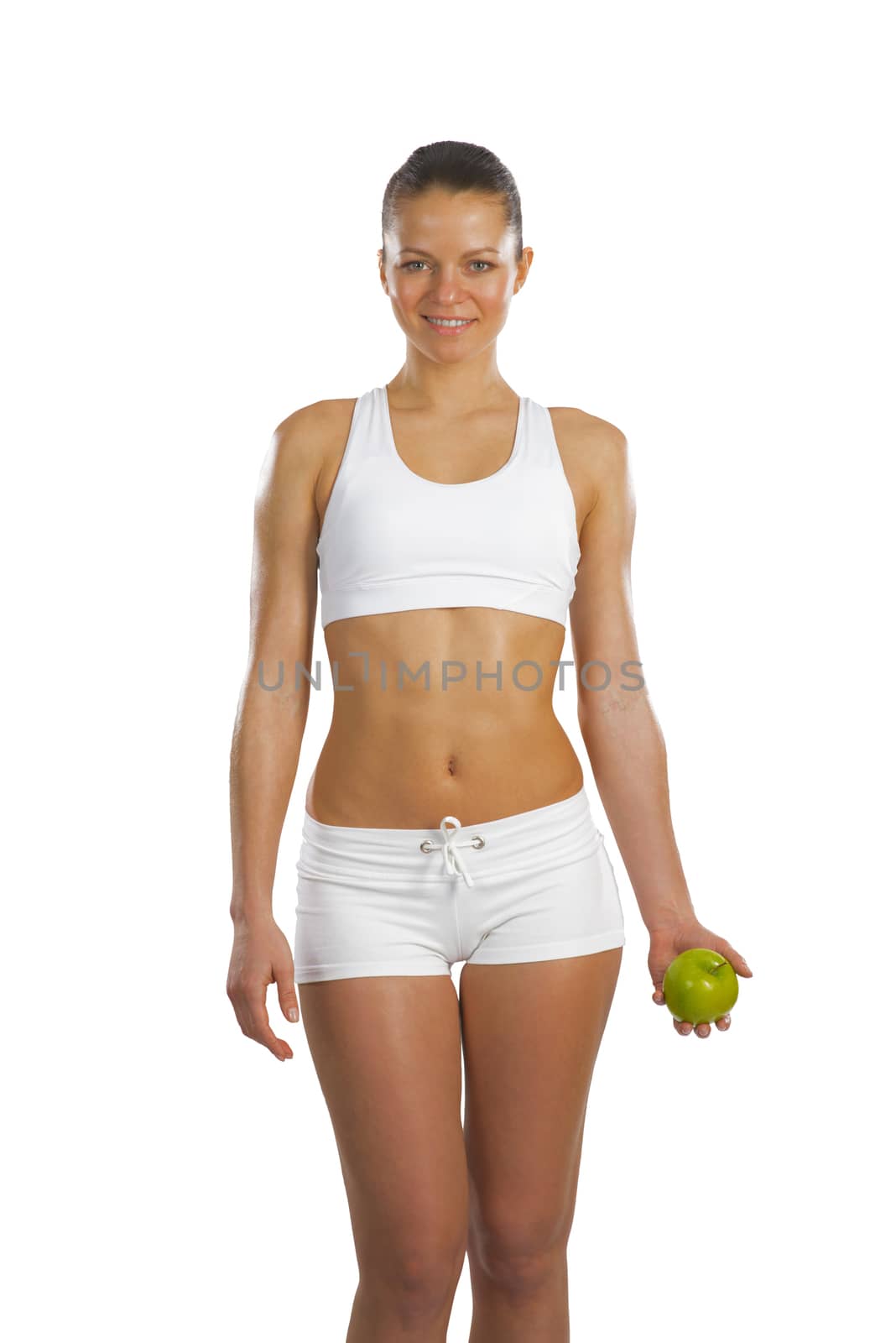 young attractive sporty woman with green apple by adam121