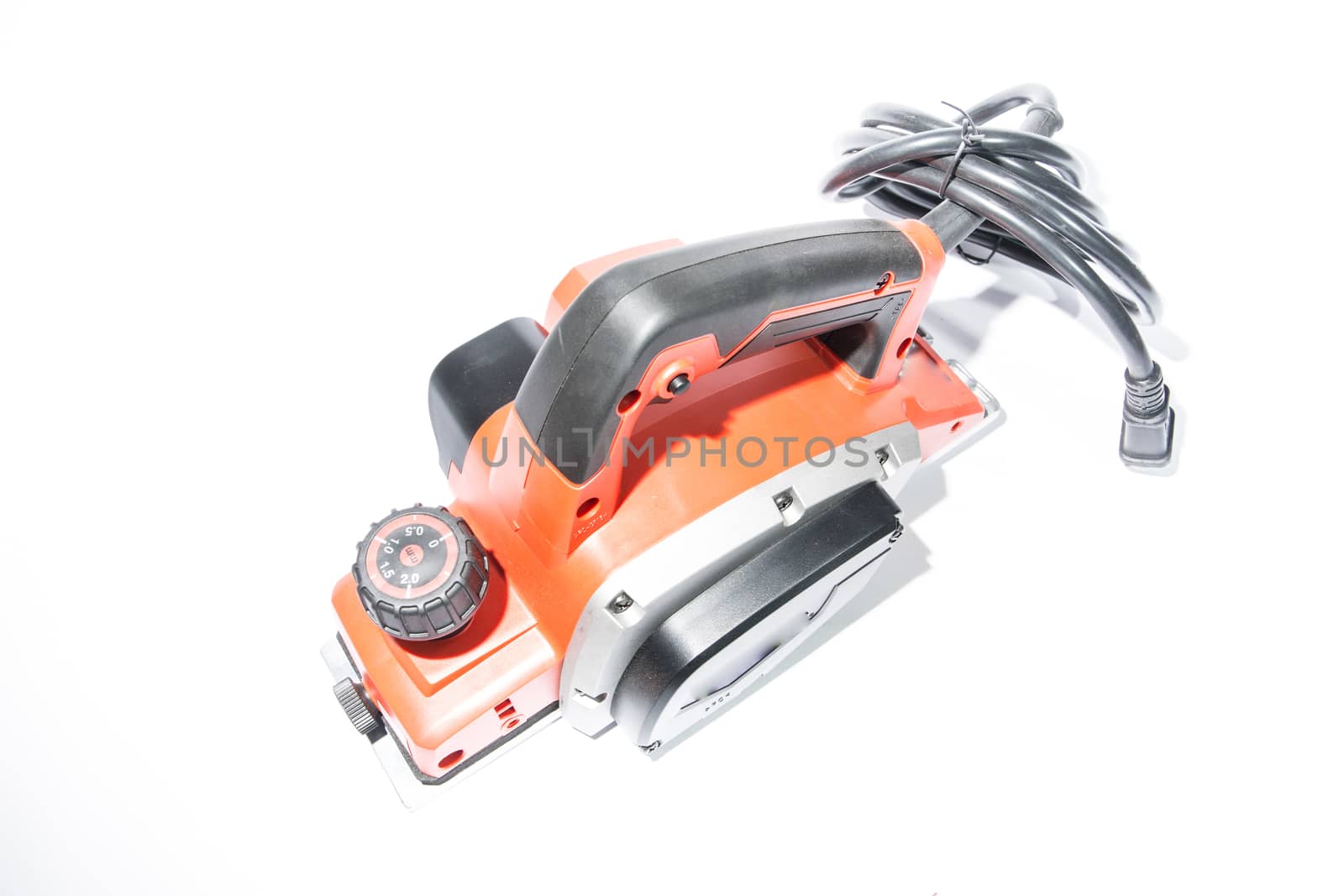 Construction equipment, electric wood planer on white background