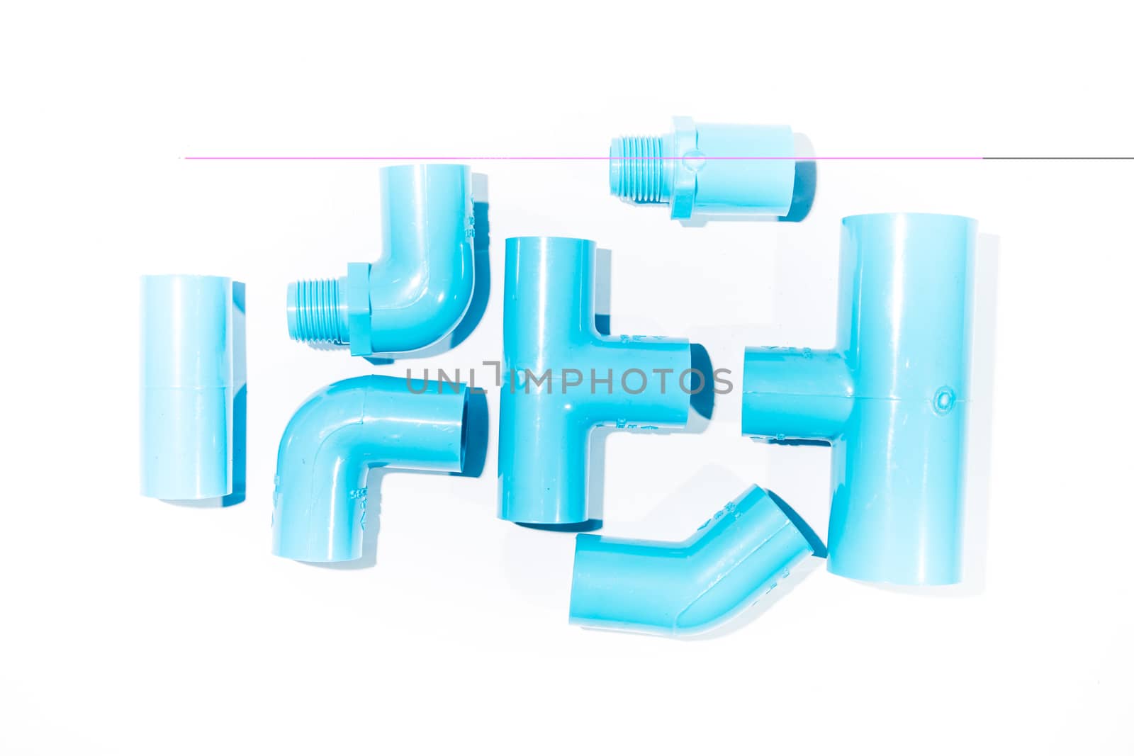 Blue pvc pipe connection with valve isolated on white