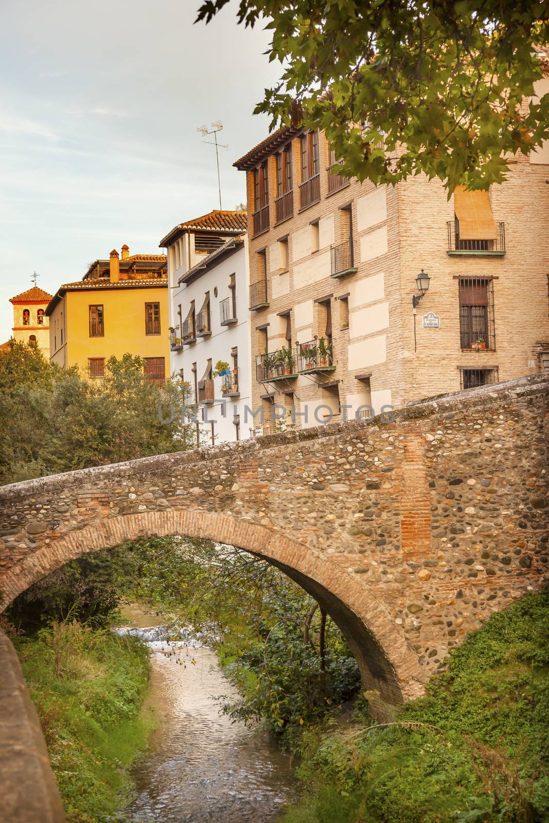 Old Bridge River Rio Darro Walking Street Evening Carrera Del Darro Albaicin Granada Andalusia Spain  