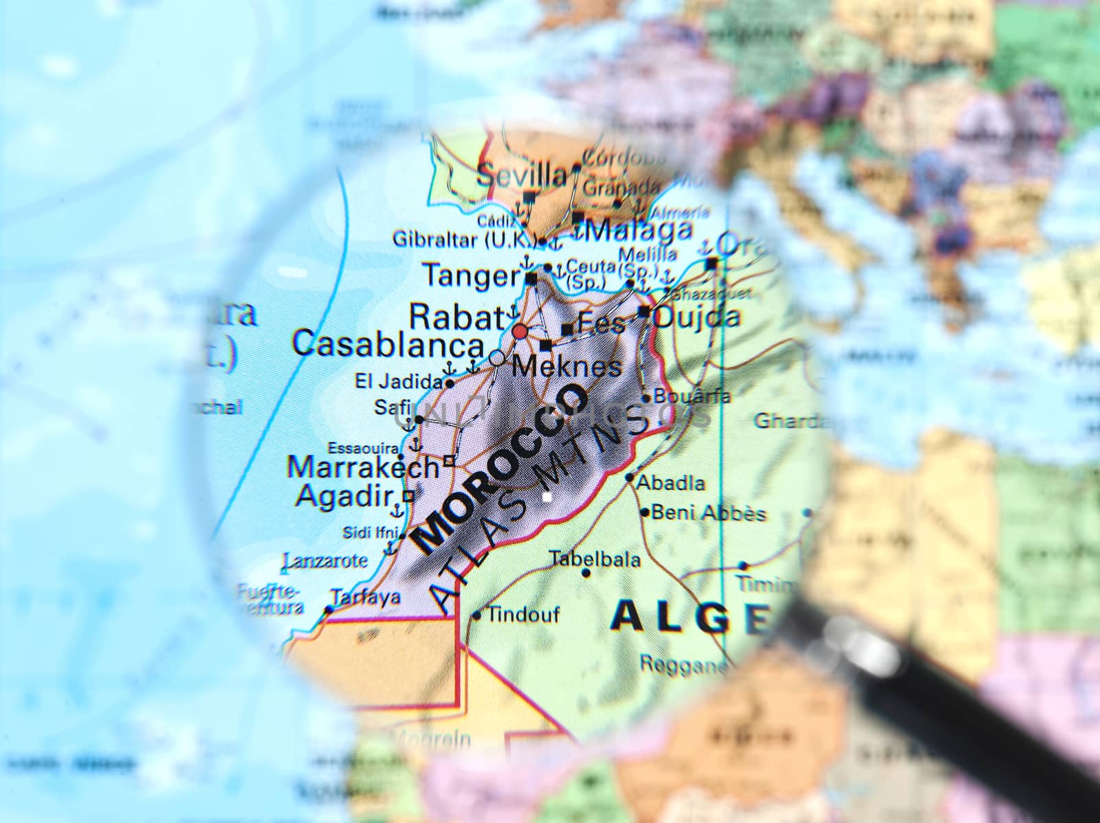 Morocco map viewed through magnifying glass. Includes clipping path! 