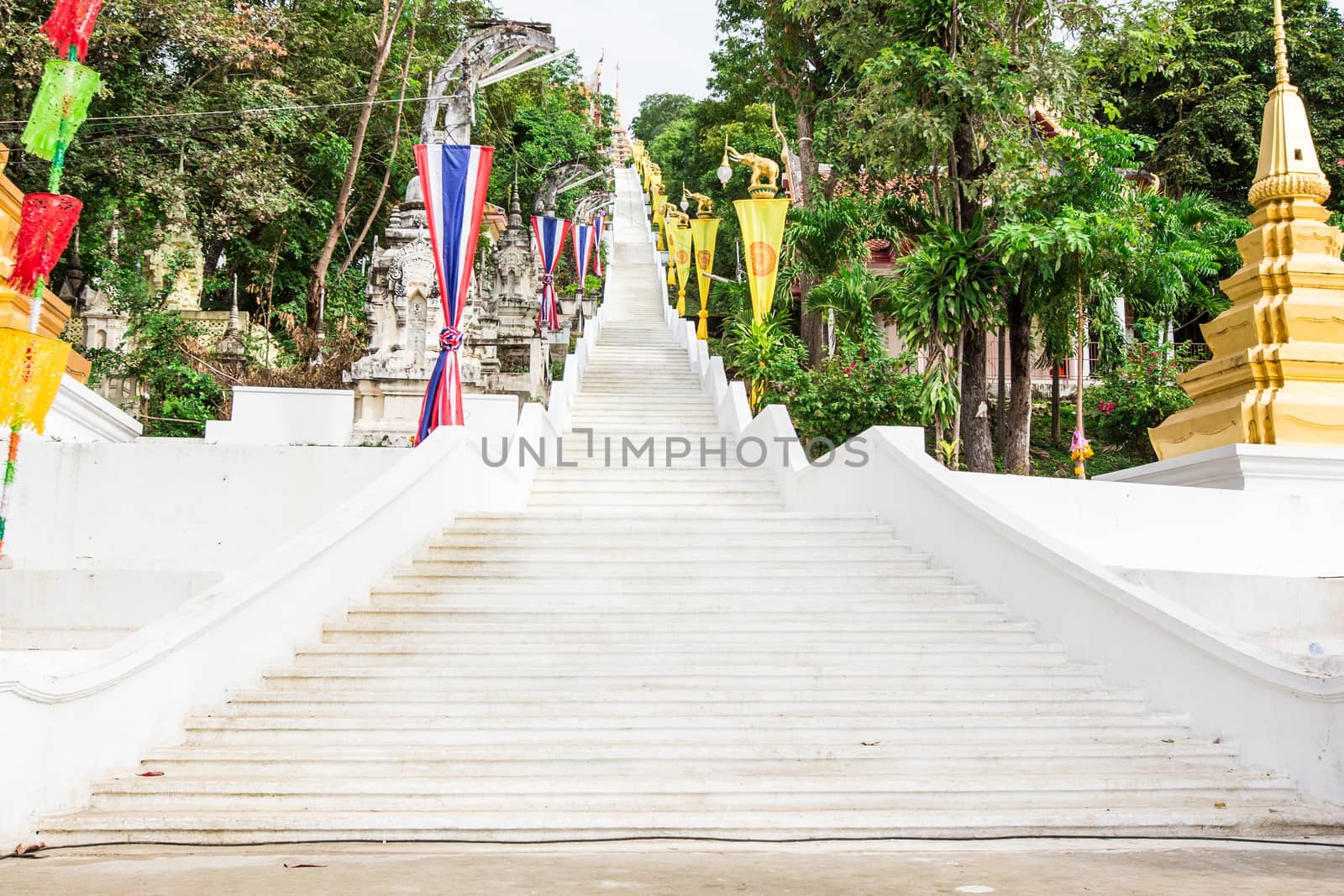 Stairs up to the temple at the festival in thailand.