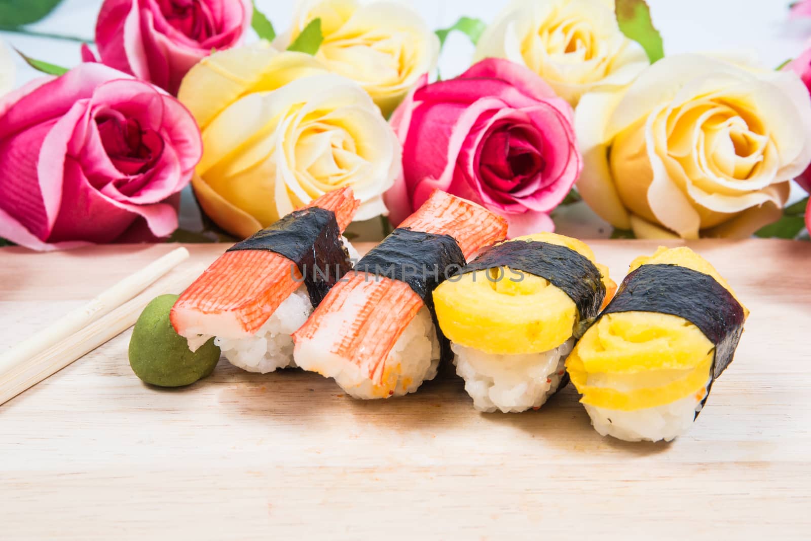 Sushi  on wooden floors.