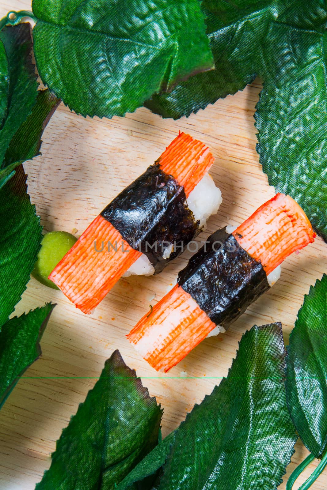 Sushi  on wooden floors.