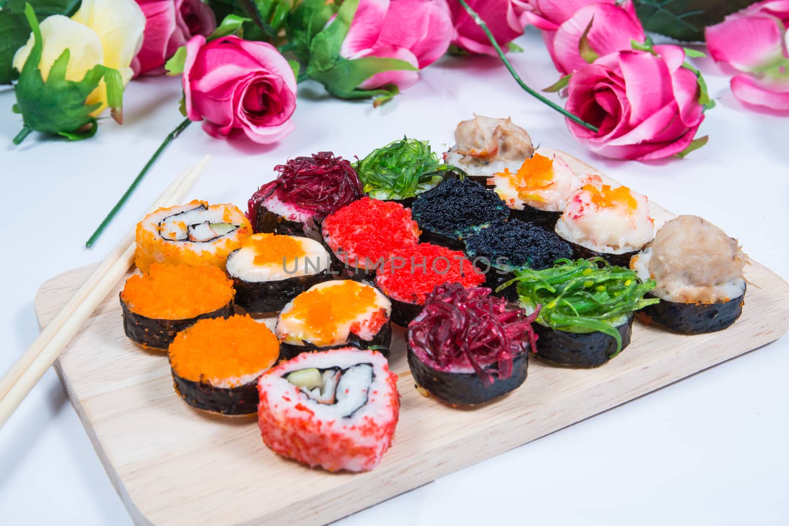 Sushi  on wooden floors.