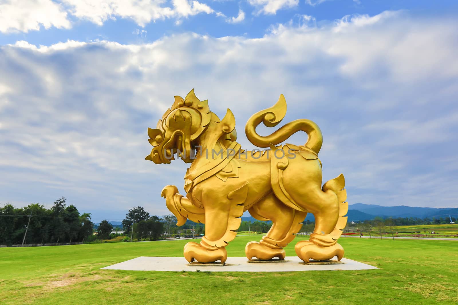 Gold lion statue sacred beliefs of Buddhists in Thailand.