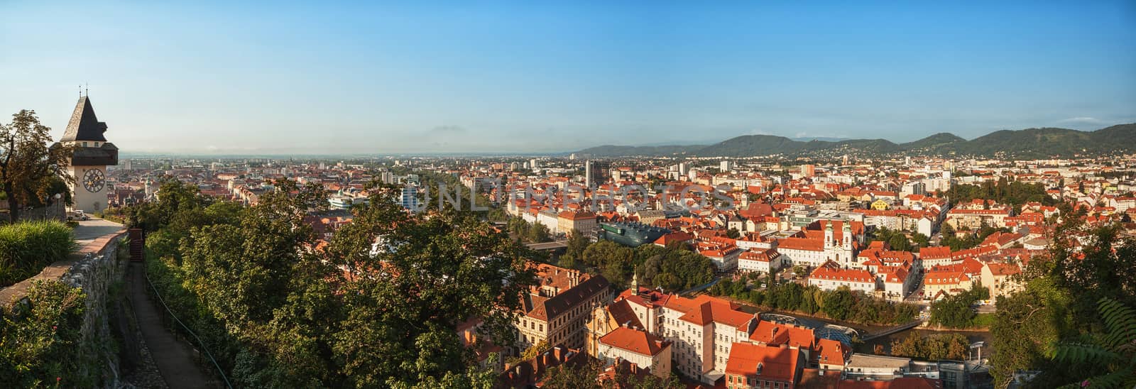 Graz panorama, beautiful view from Schlossberg above the city center.