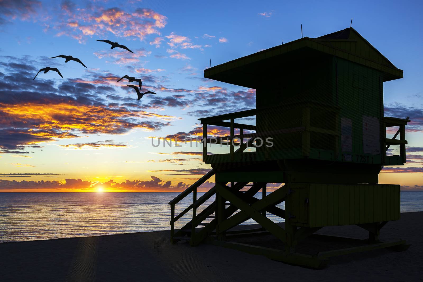 Miami South Beach and lifeguard tower at sunrise, USA