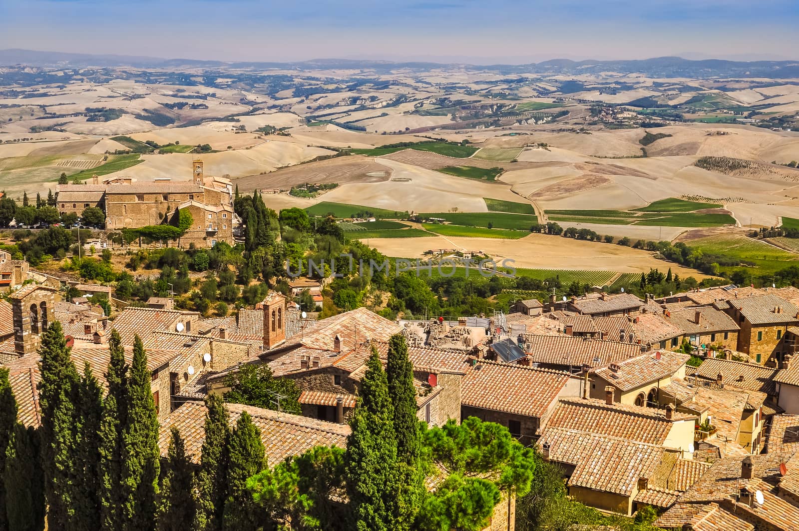 Landscape view of Montalcino town, fields and meadows, Tuscany, Italy