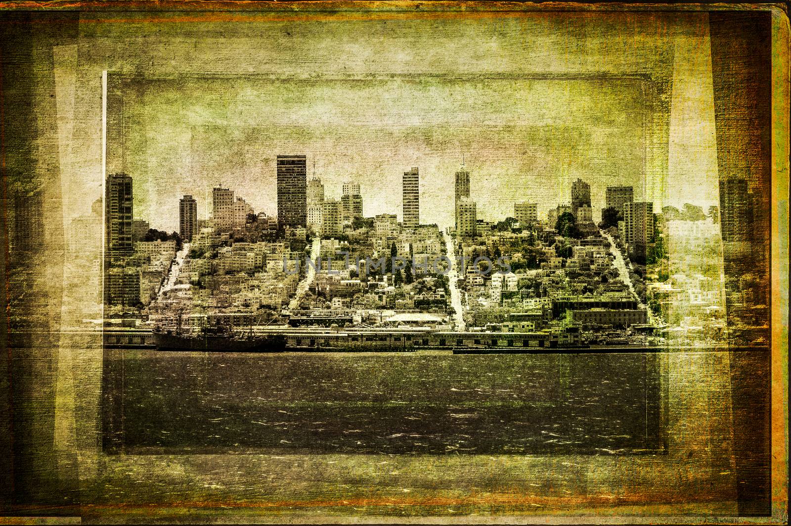View of San Francisco skyline in vintage filtered textured style, USA