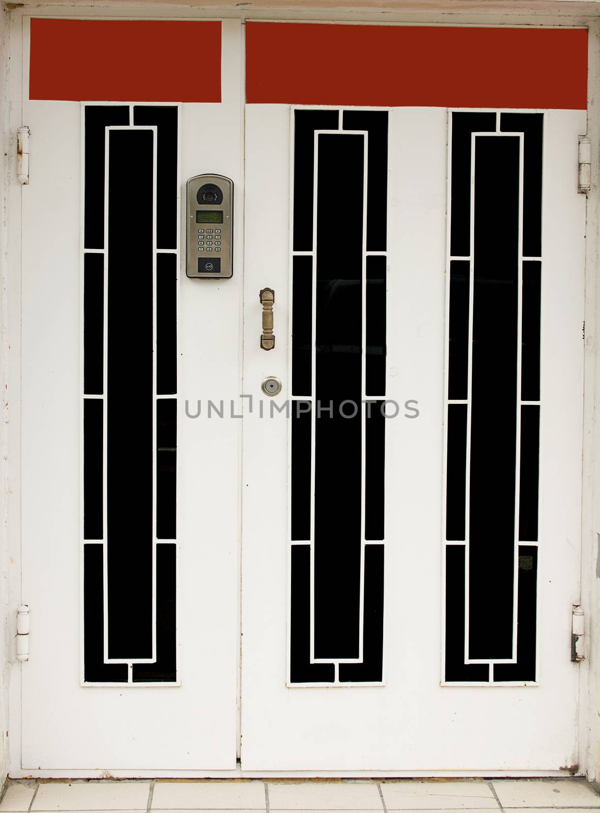 white with black tinted glass entrance door with intercom