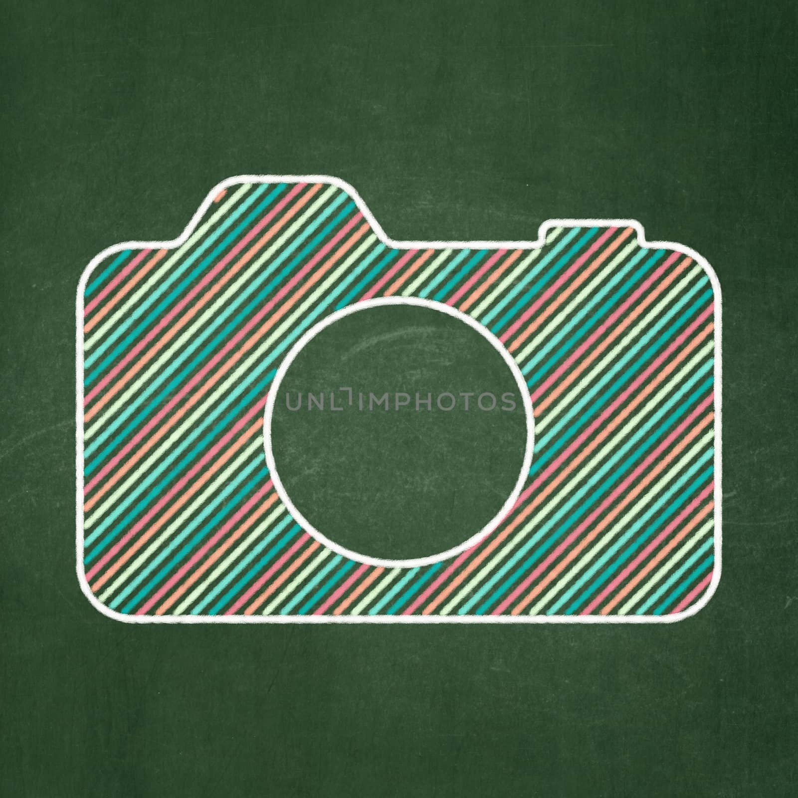 Travel concept: Photo Camera icon on Green chalkboard background, 3d render