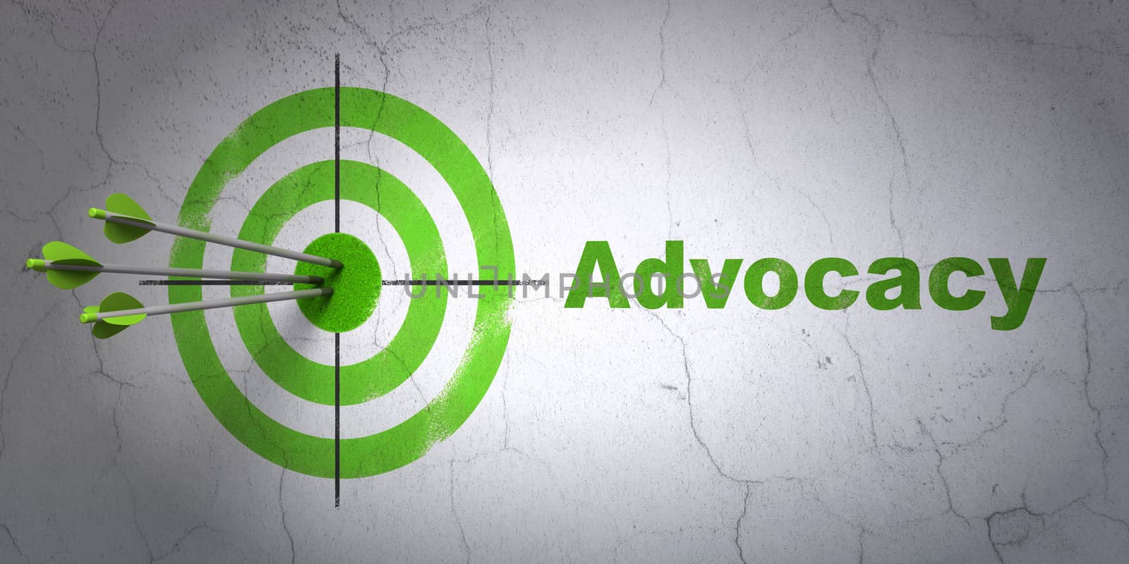 Success law concept: arrows hitting the center of target, Green Advocacy on wall background, 3d render