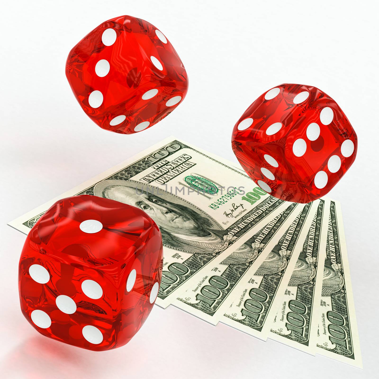 dollars and dice on a white background