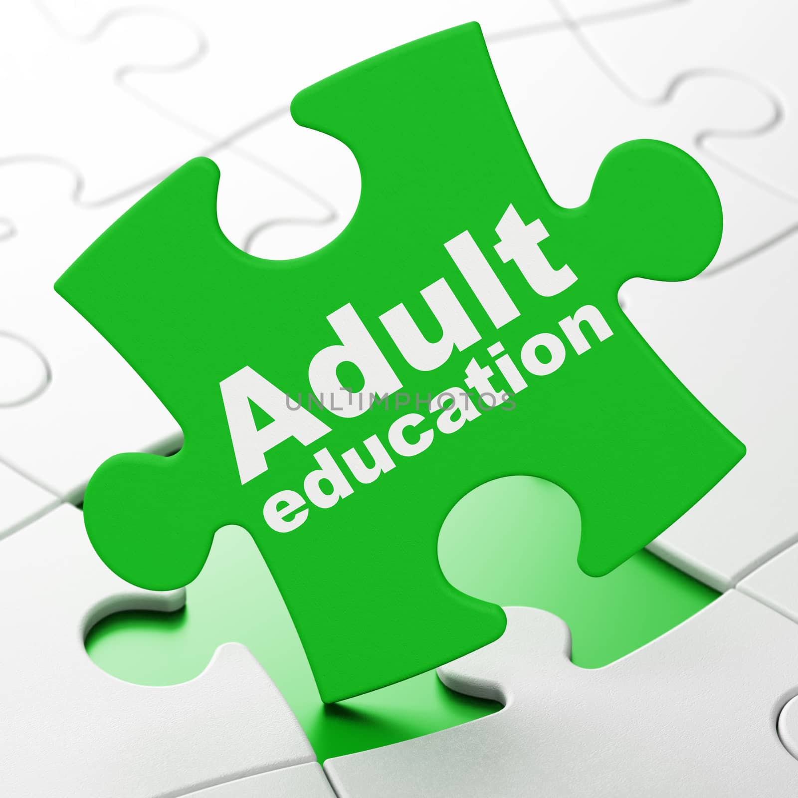 Education concept: Adult Education on Green puzzle pieces background, 3d render
