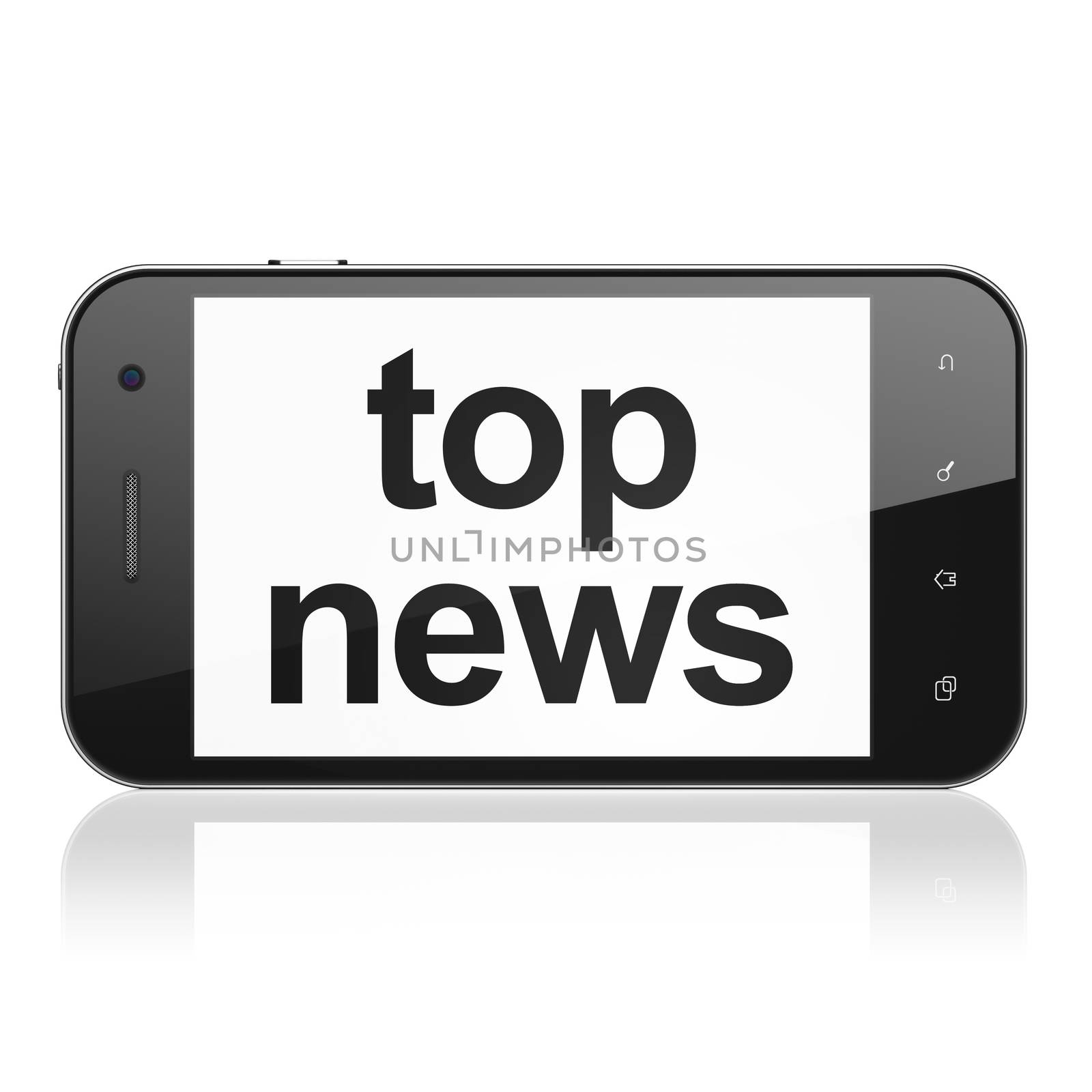 News concept: smartphone with text Top News on display. Mobile smart phone on White background, cell phone 3d render