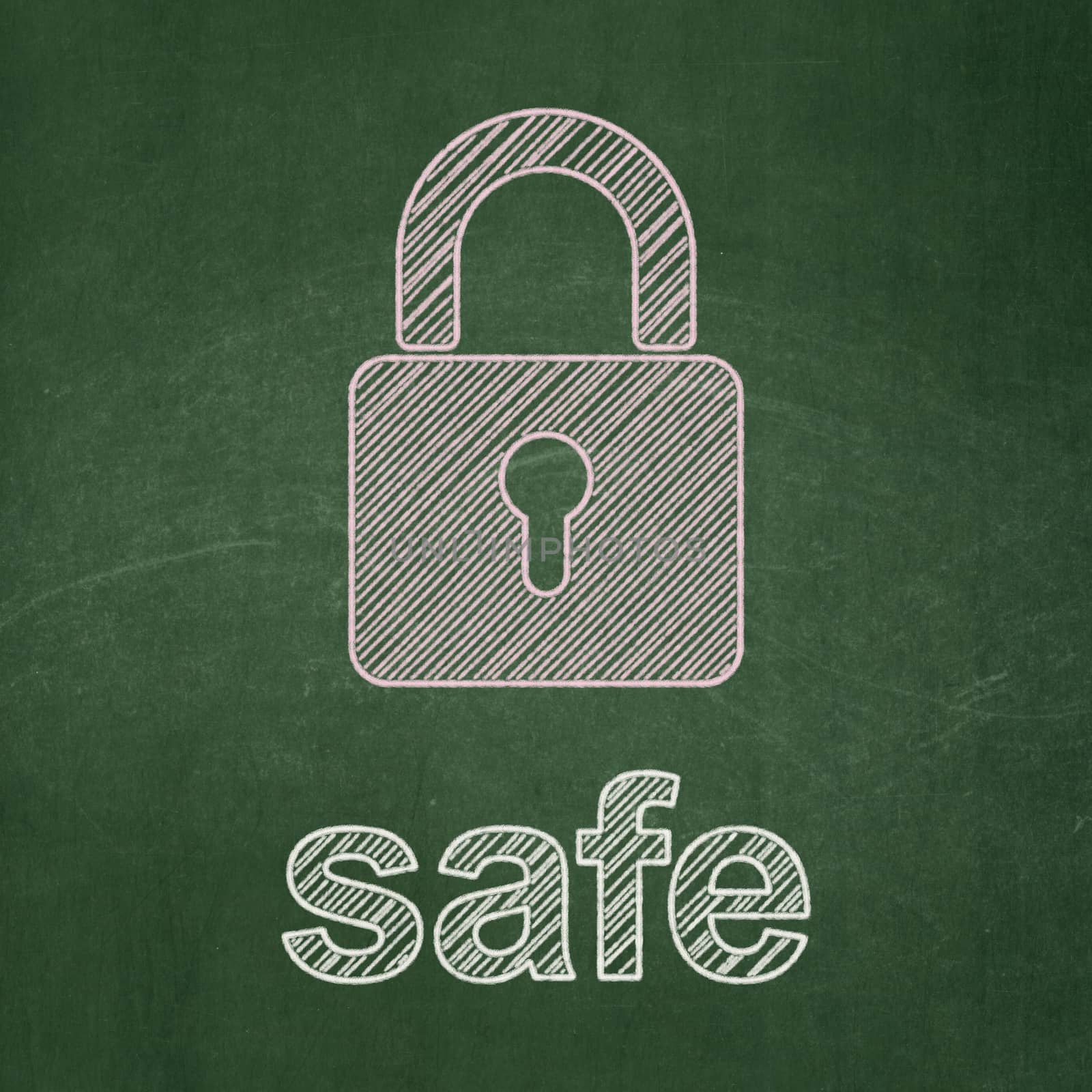 Protection concept: Closed Padlock icon and text Safe on Green chalkboard background, 3d render