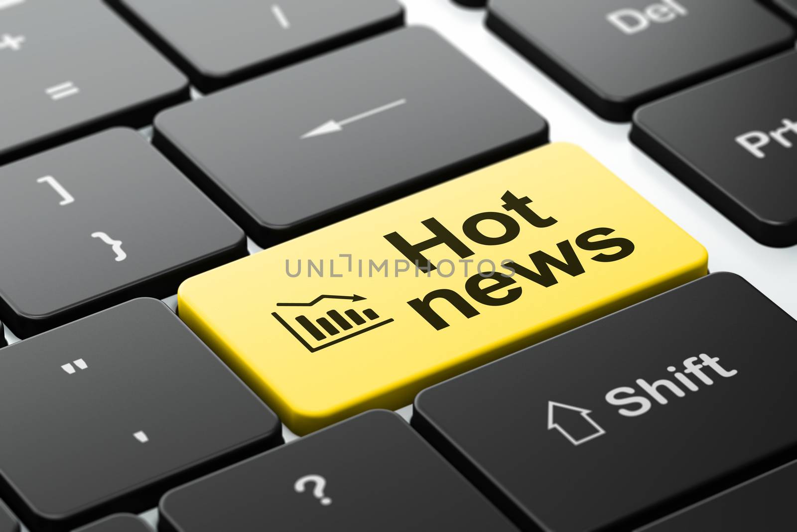 News concept: computer keyboard with Decline Graph icon and word Hot News, selected focus on enter button, 3d render