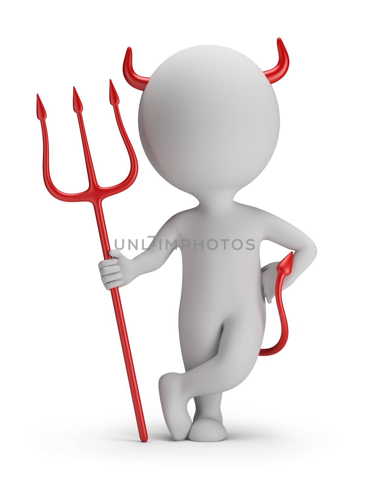 3d small person - devil with a trident. 3d image. White background.