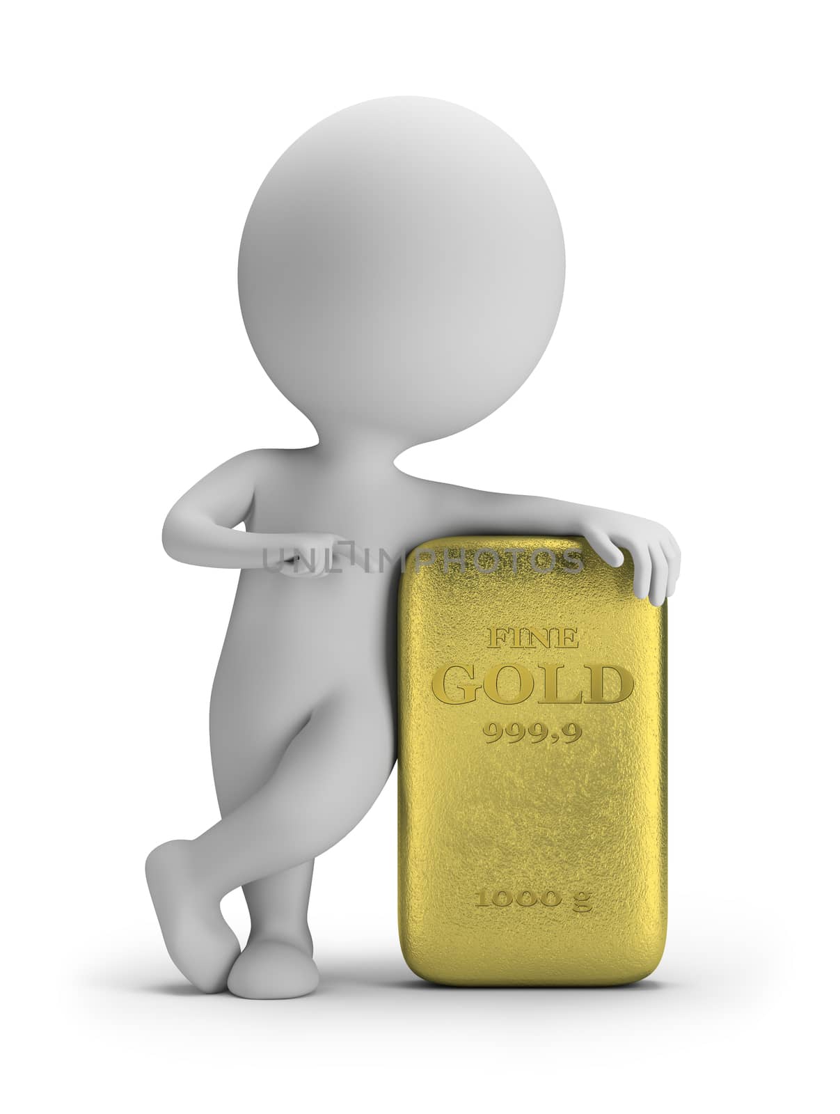 3d small person standing next to a golden nugget. 3d image. White background.