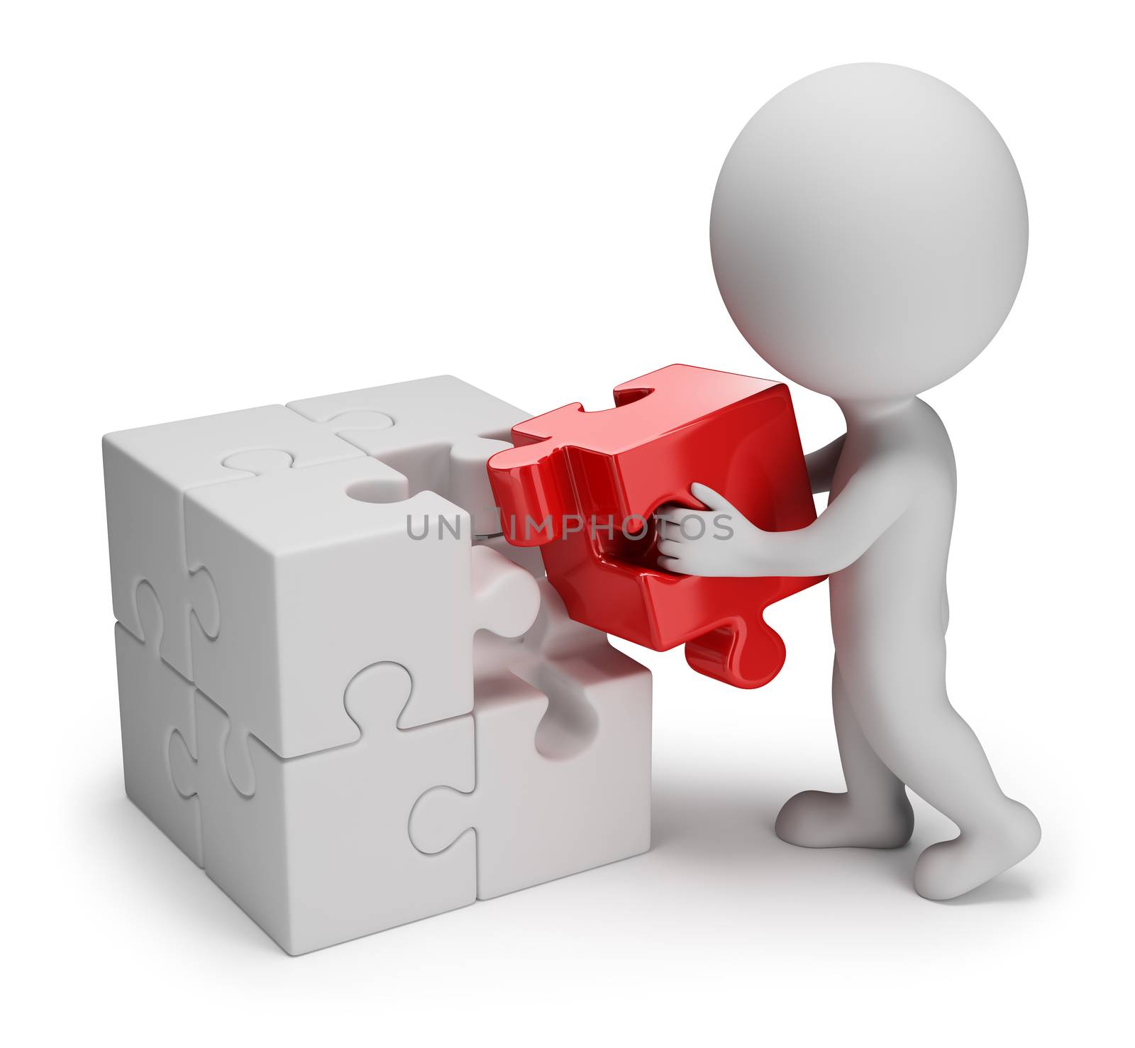 3d small person - man putting on a red puzzle in cell. 3d image. White background.