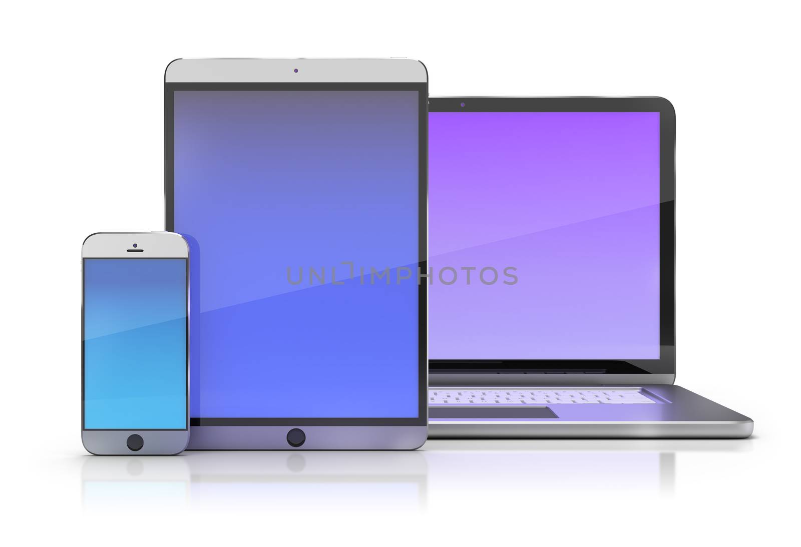 Electronic devices. Smartphone, tablet and laptop. 3d image. White background.