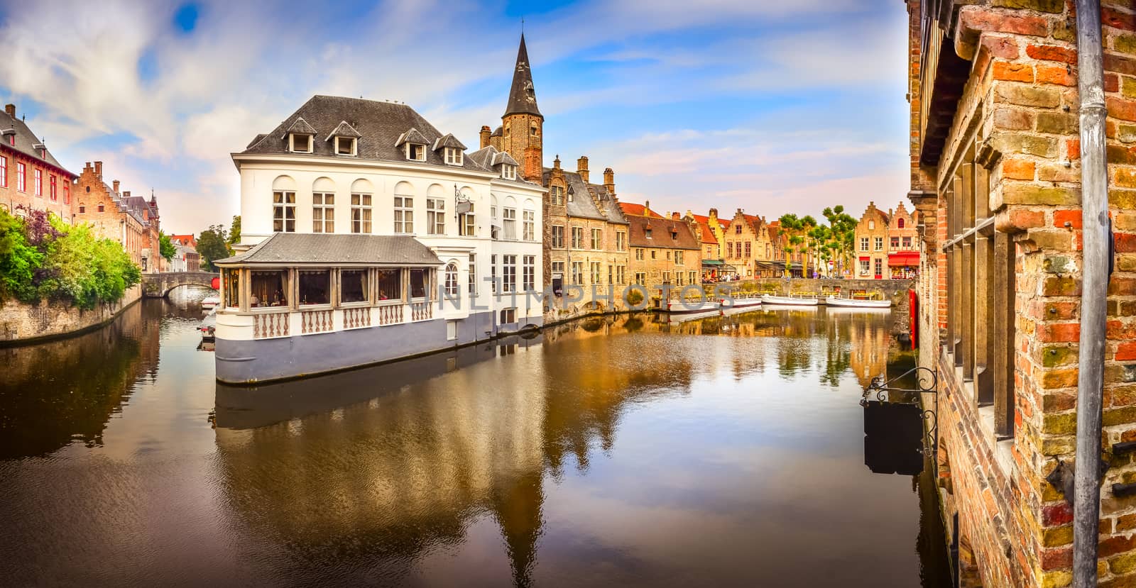 Panoramic view of famous water canal in Bruges, Belgium