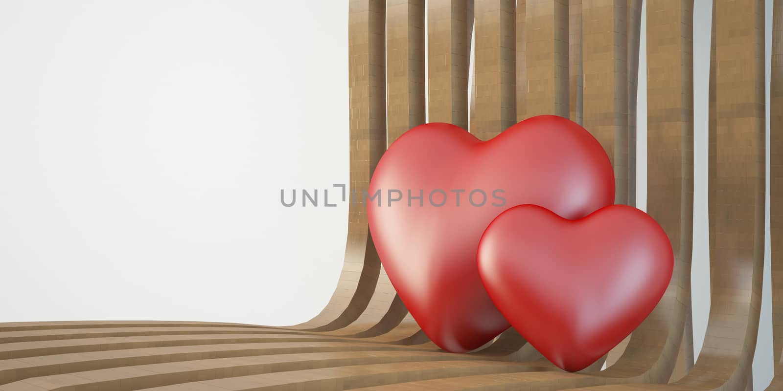 two 3d heart on wooden chair, valentine day concept by motionkarma