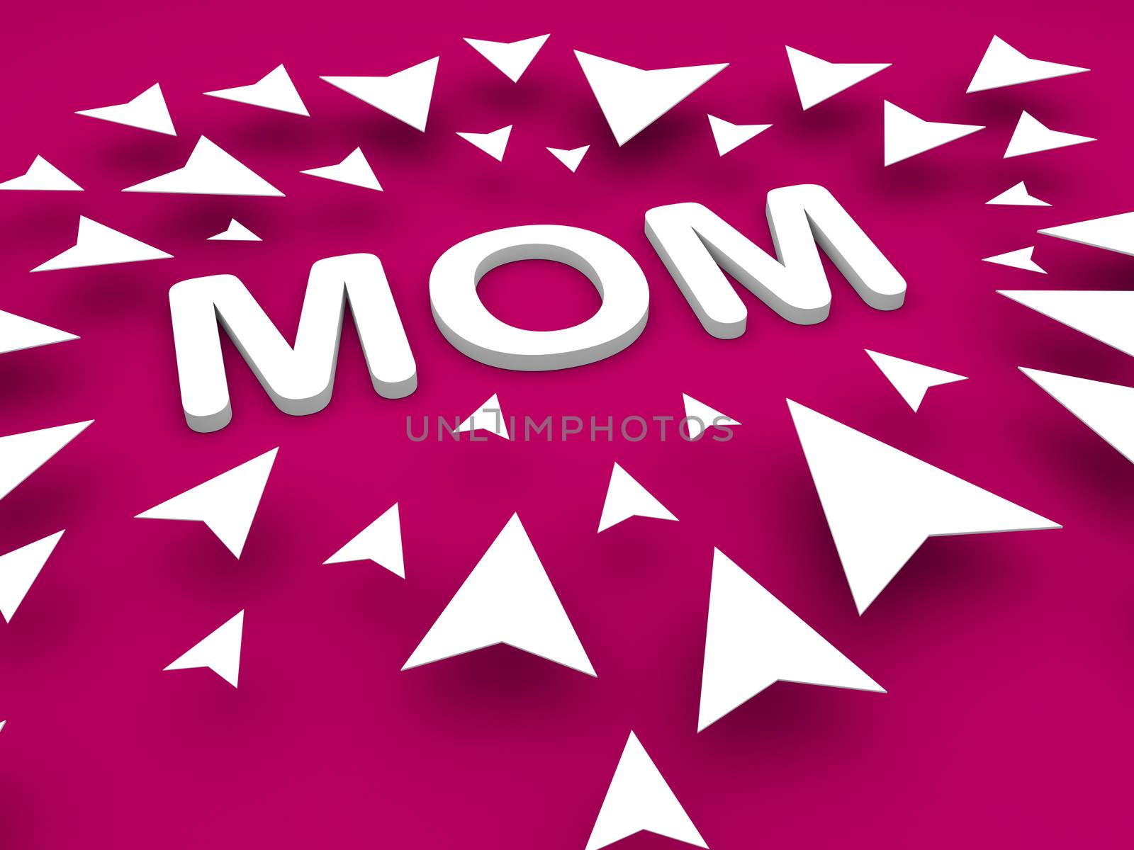 3d mom text with pointing arrow, mehroon background