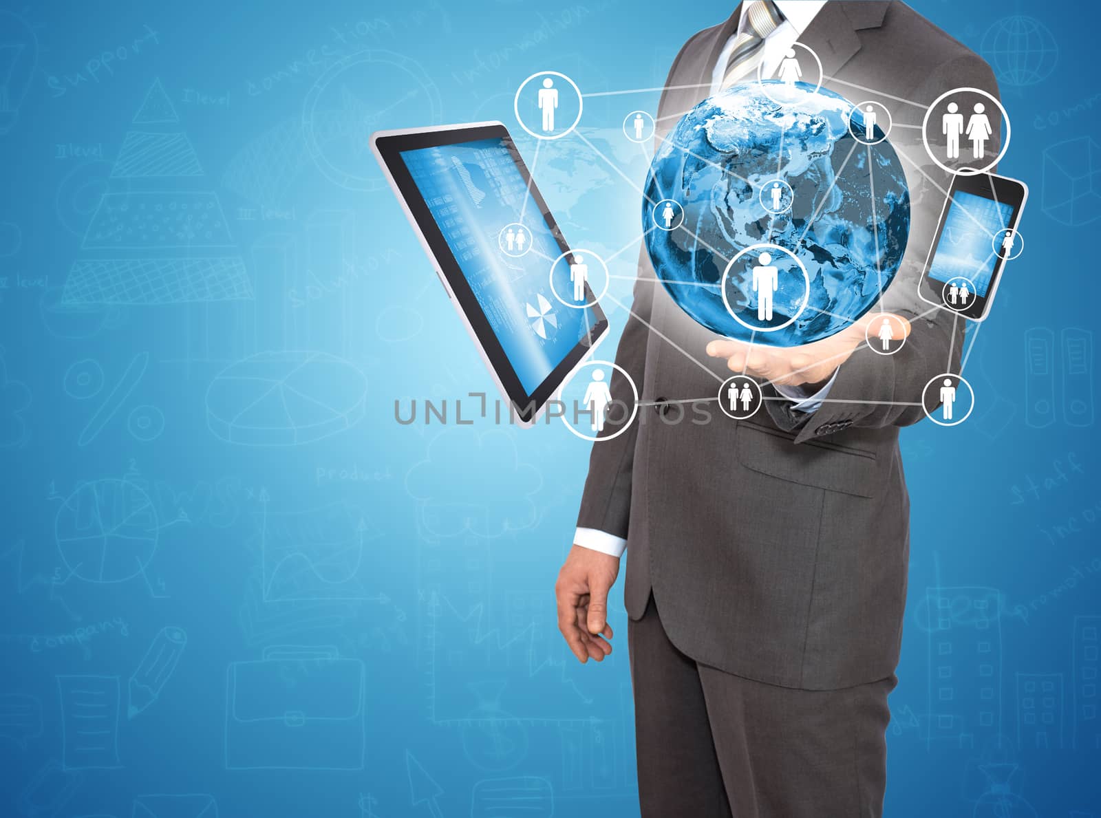 Businessman in suit holding earth and electronics. Elements of this image are furnished by NASA