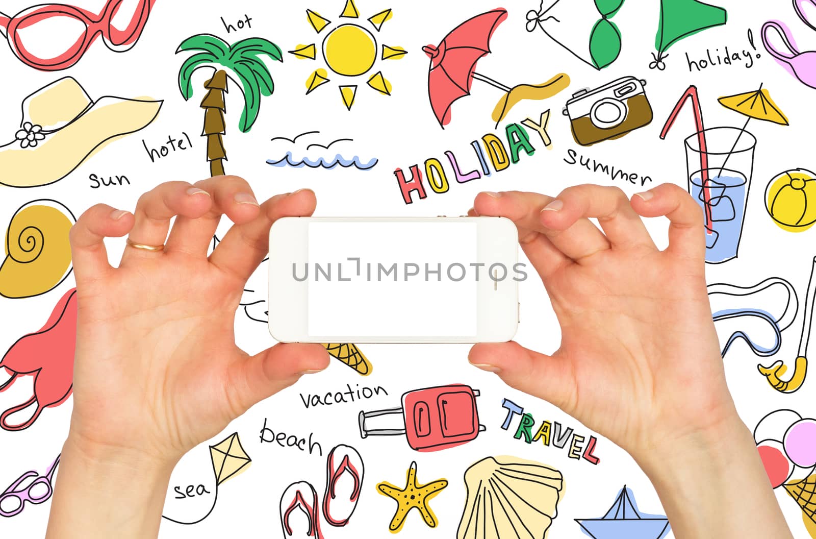 Hands holding a smartphone. Around colored summer sketches. white background